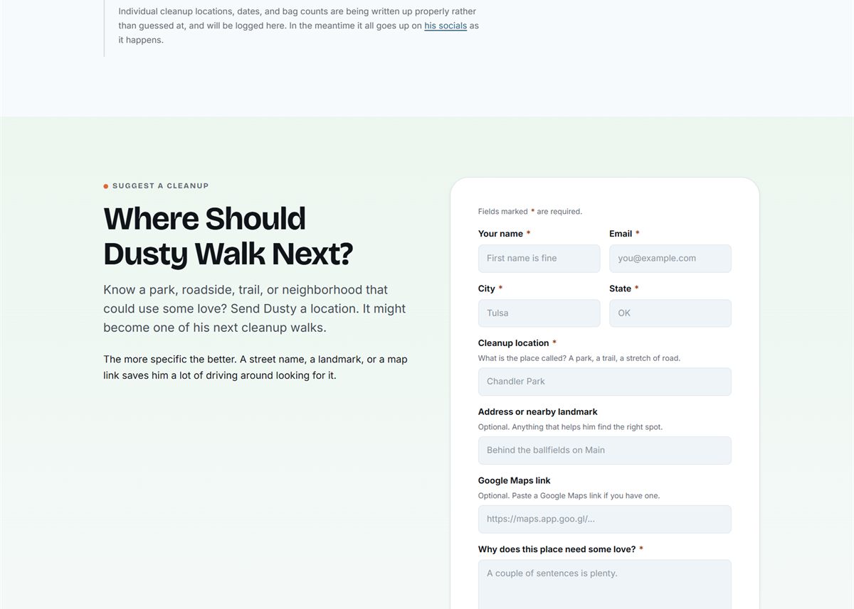 The Where Should Dusty Walk Next? section of the Dustywalks77 website, with a suggestion form beside explanatory copy.