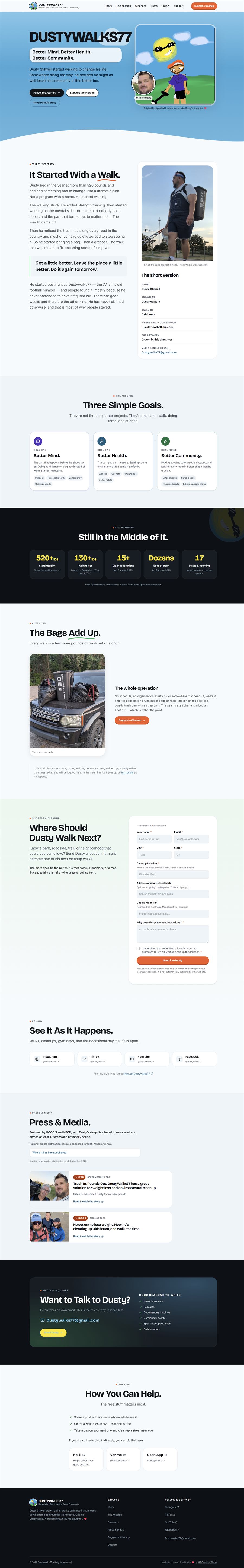 The complete Dustywalks77 homepage, from the sky-blue hero through the story, mission, milestones and press sections to the footer.