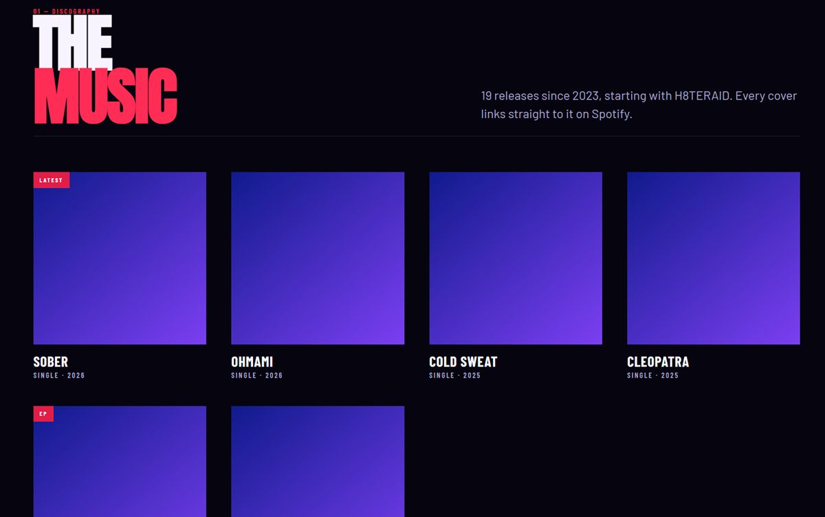 The music section of the Lilyanna Marie website: a grid of release tiles under an oversized heading reading The Music.
