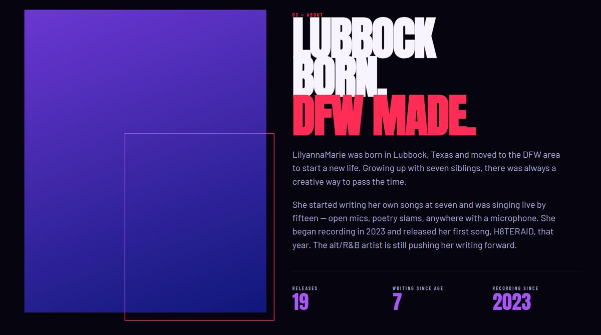The story section of the Lilyanna Marie website, with the heading Lubbock Born, DFW Made set beside a violet panel.