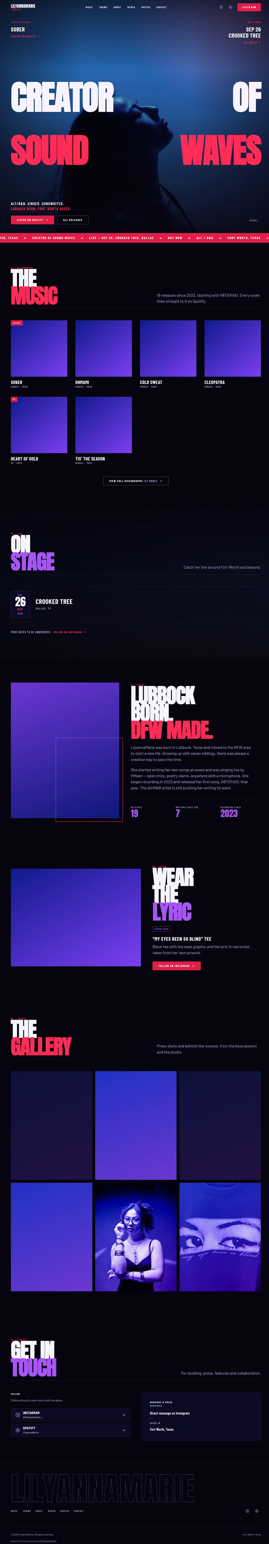 The complete Lilyanna Marie homepage, from the Creator of Sound Waves hero through the music grid, tour dates and gallery to the footer.