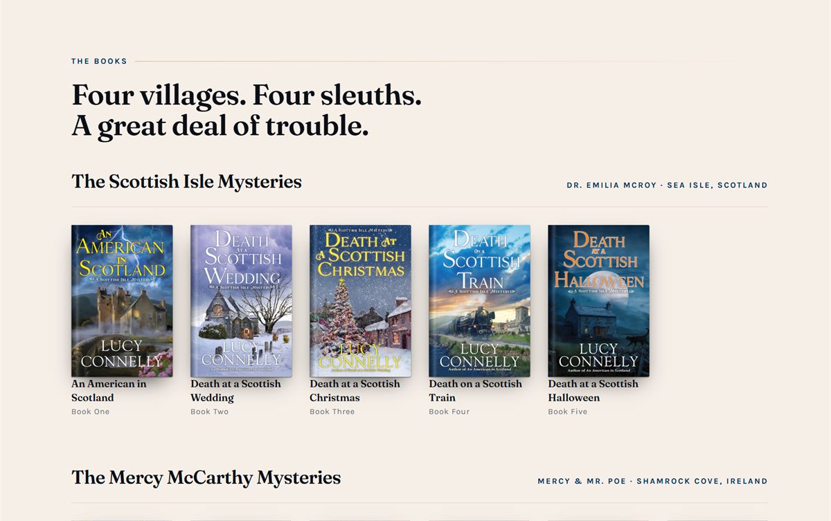 The series section of the Lucy Connelly website, showing The Scottish Isle Mysteries as a row of book covers on a cream background.