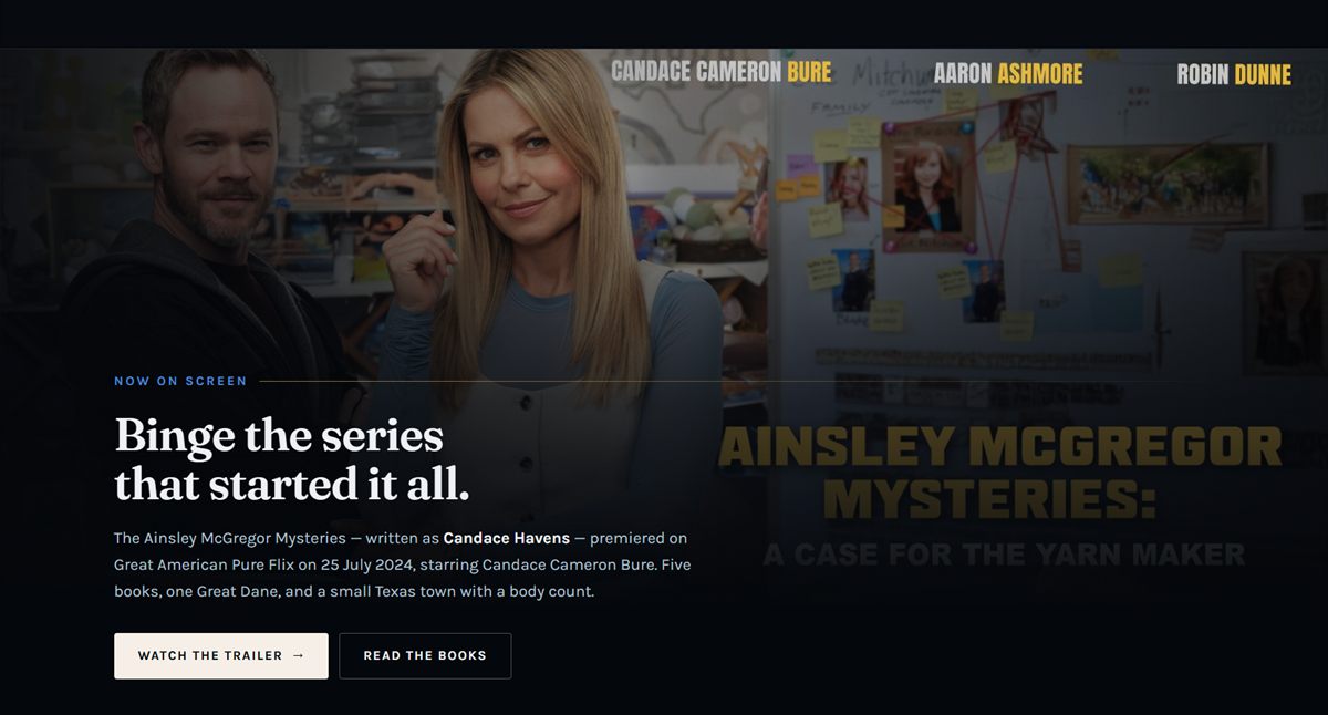 A dark feature band on the Lucy Connelly website promoting an upcoming screen project based on her Ainsley McGregor characters.