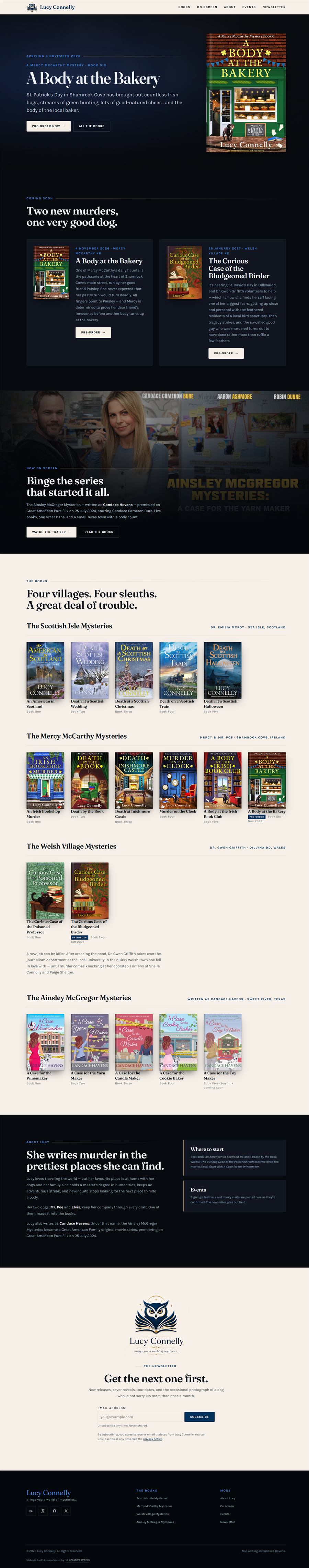 The complete Lucy Connelly homepage, from the navy book announcement at the top through the series listings to the newsletter signup and footer.